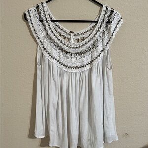Free People Beaded White Crochet Yoke Blouse Flowy Boho Chic